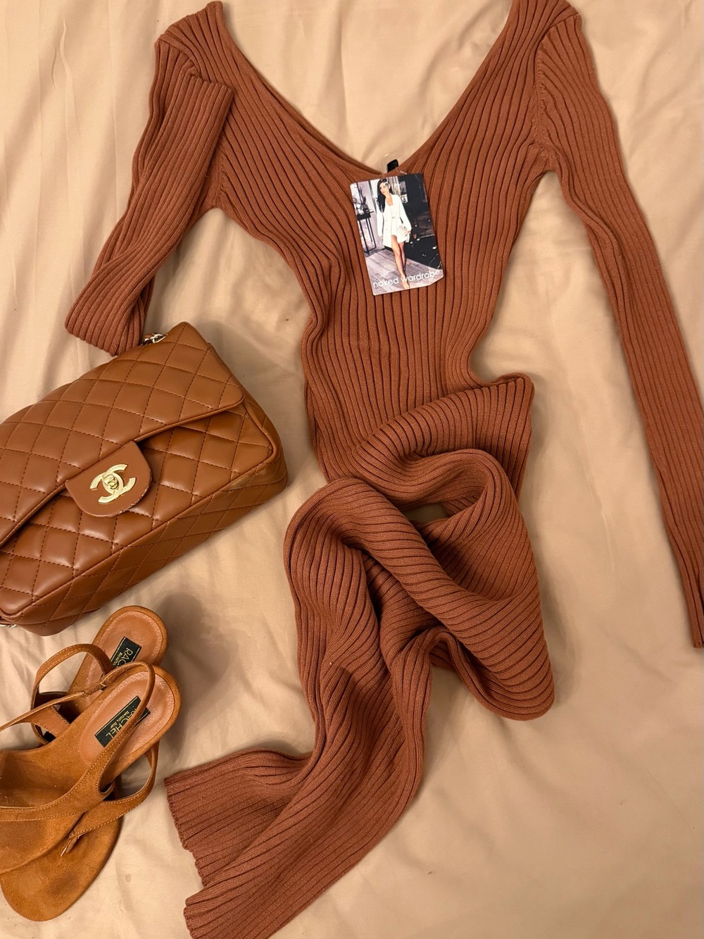 naked wardrobe Ribbed Maxi Dress in Rust Brown